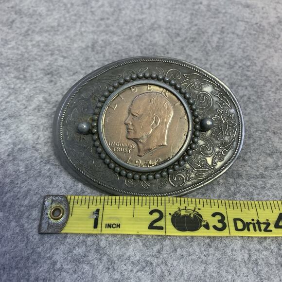 1972-D Eisenhower Silver Dollar Coin Vintage Western Belt Buckle, 3.25” X 2.5” - Picture 3 of 8
